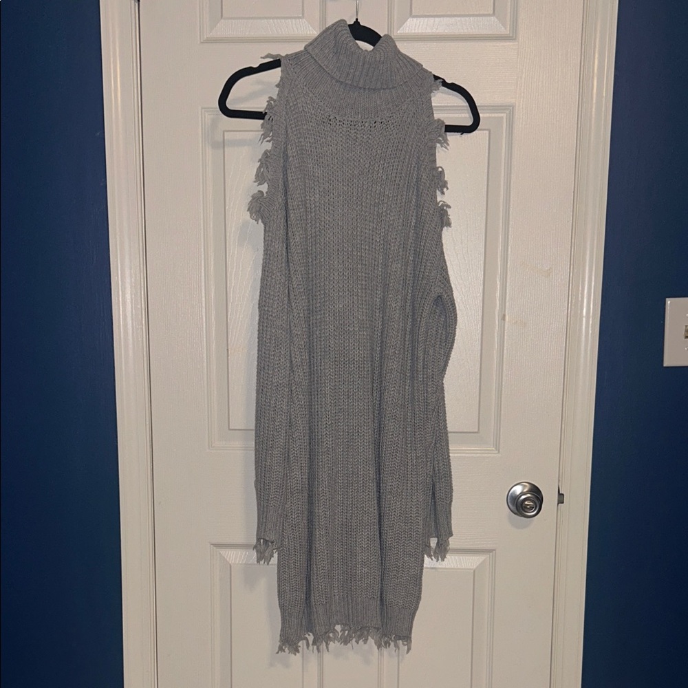 Gray Turtleneck Sweater with Fringe